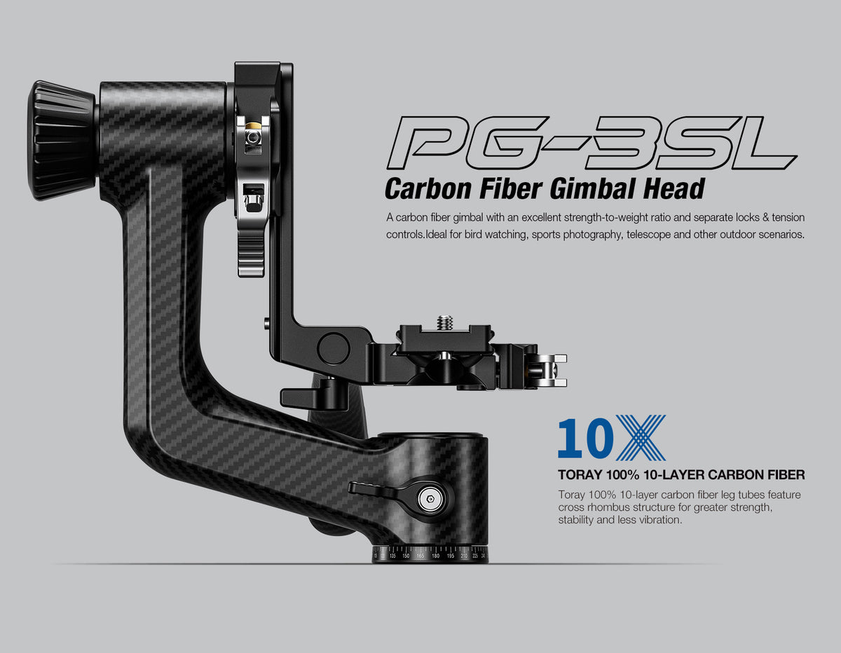 Leofoto PG-3SL (Lever-Release Clamp) Carbon Fiber Gimbal Head with Handle – Black / Green