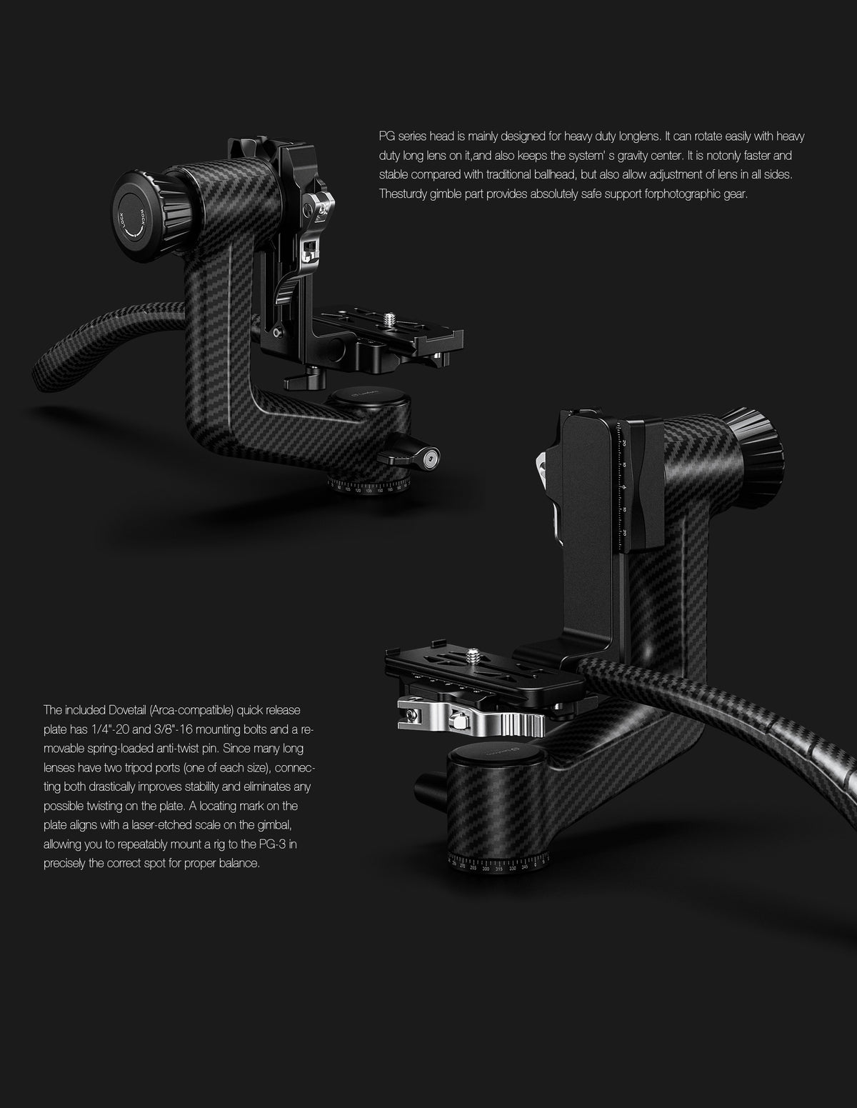 Leofoto PG-3SL (Lever-Release Clamp) Carbon Fiber Gimbal Head with Handle – Black / Green