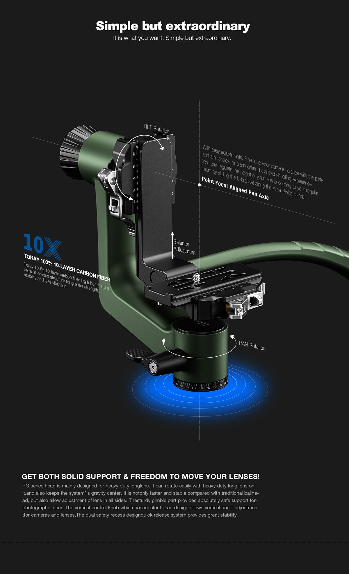 Leofoto PG-3SL (Lever-Release Clamp) Carbon Fiber Gimbal Head with Handle – Black / Green