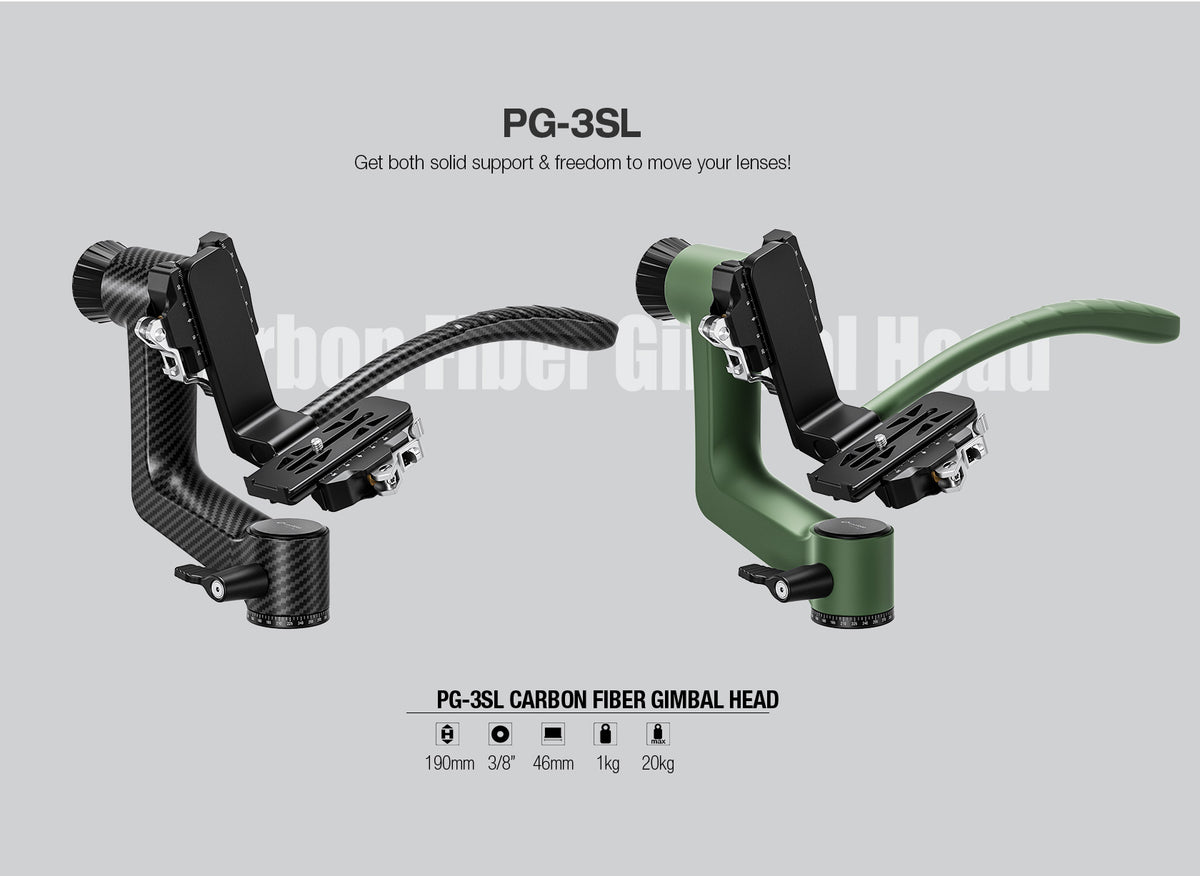 Leofoto PG-3SL (Lever-Release Clamp) Carbon Fiber Gimbal Head with Handle – Black / Green