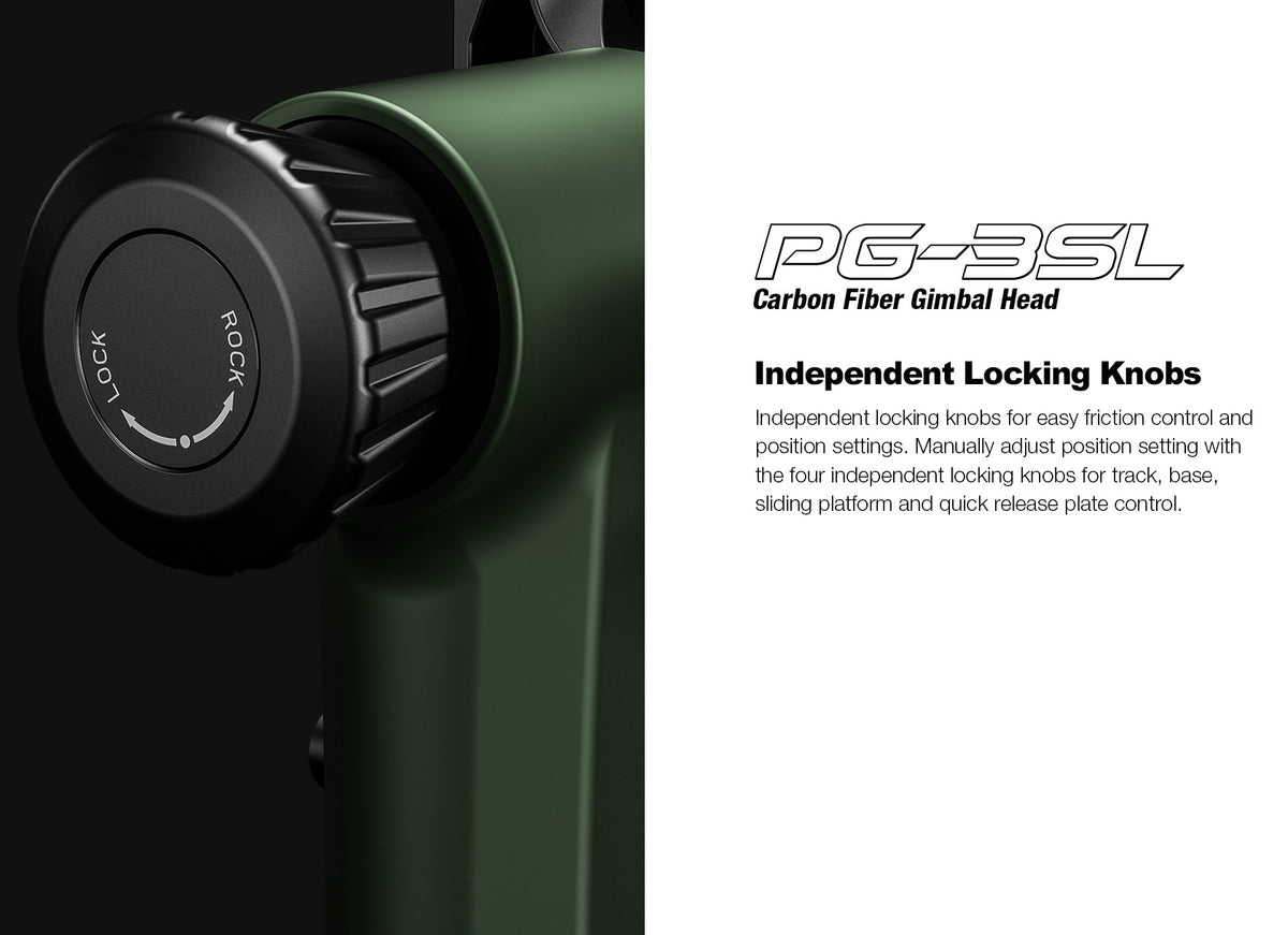 Leofoto PG-3SL (Lever-Release Clamp) Carbon Fiber Gimbal Head with Handle – Black / Green