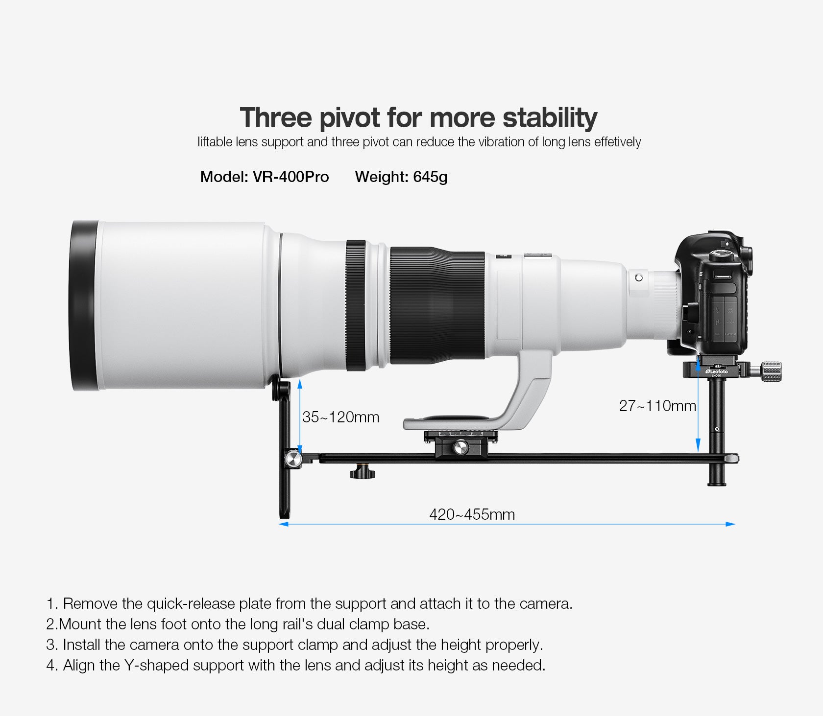 Leofoto VR-400Pro 400mm Three-Pivot Long Lens Support with Extended Ra