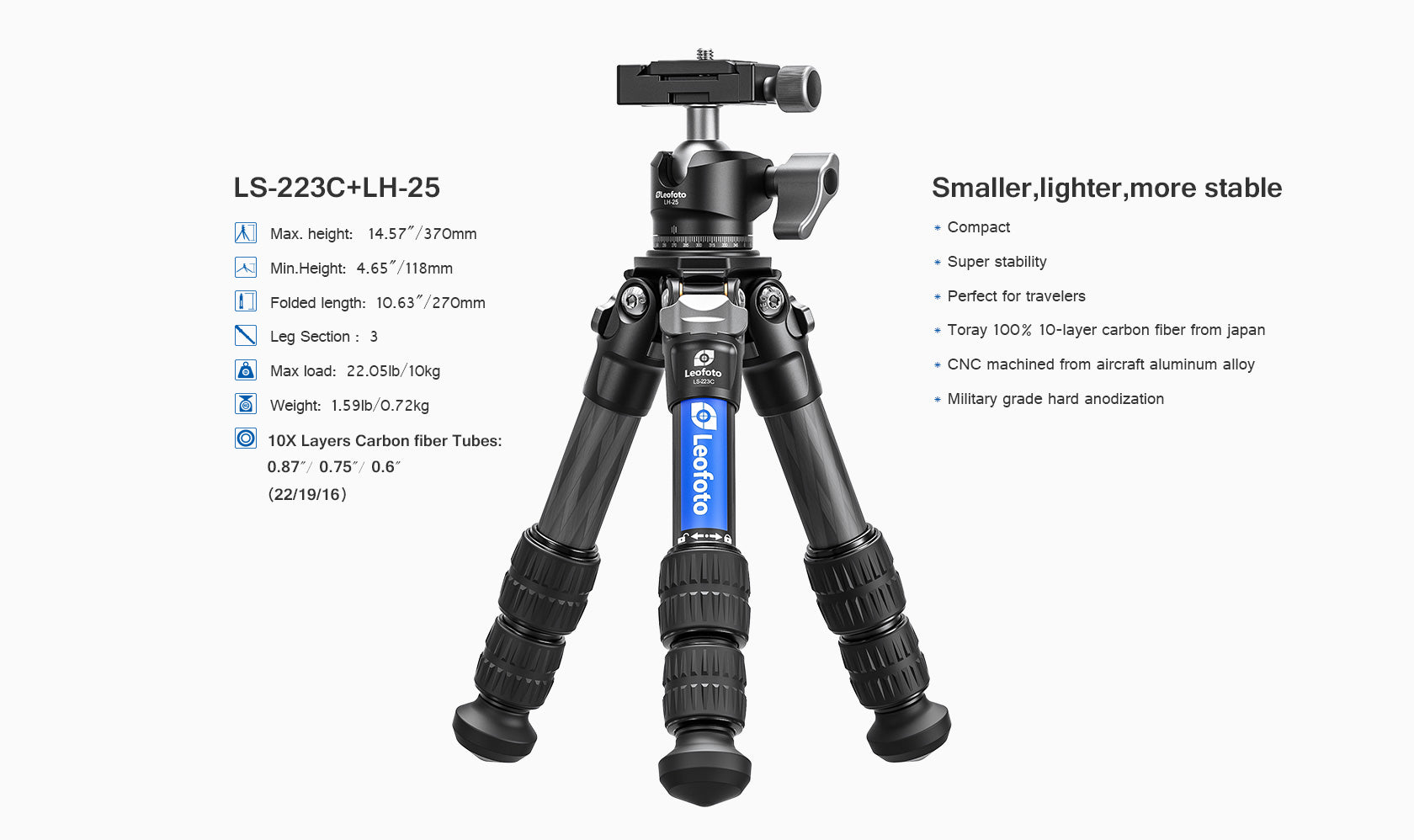 Leofoto LS-223C Tripod + LH-25 Ball Head Mini Professional Light Weigh