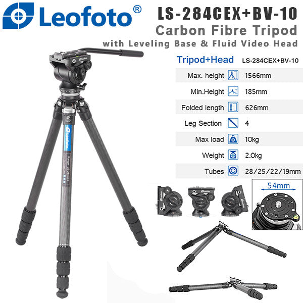 Leofoto LS-284CEX Tripod with Integrated Leveling Base + BV-10 Fluid Head Set