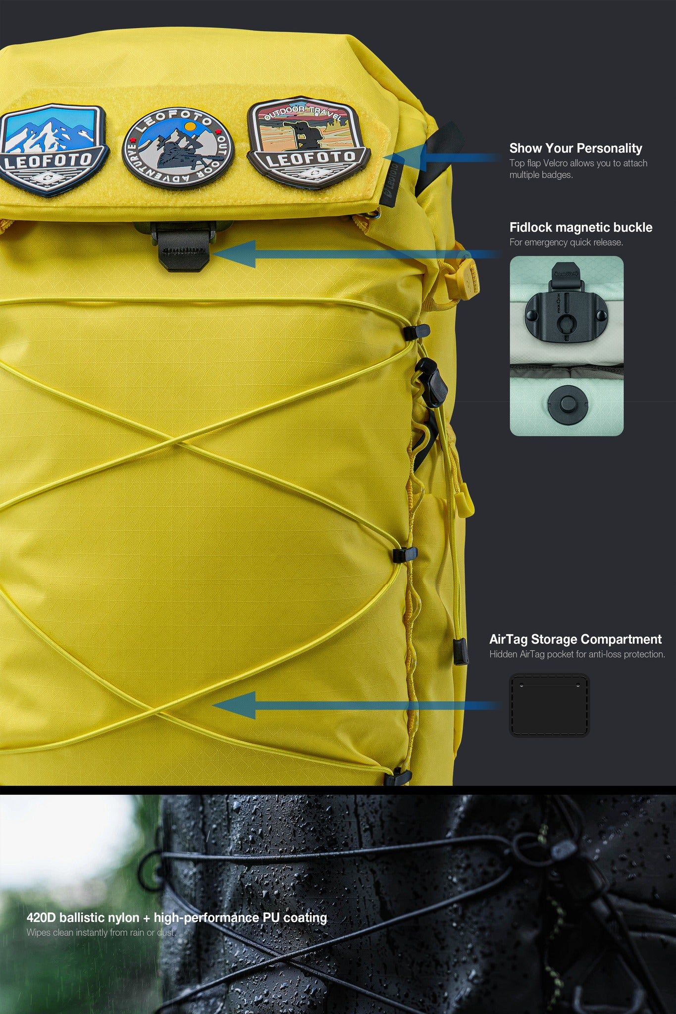 Leofoto 35L All-in-One Travel & Outdoor Camera Backpack (Black / Yellow / Green)