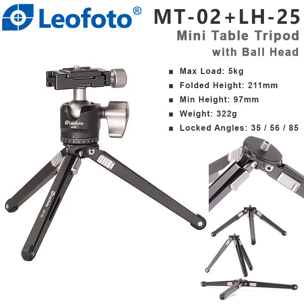 "Open Box" Leofoto MT-02 Aluminum Mini Table Top Tripod + LH-25 Ballhead /NO BAG