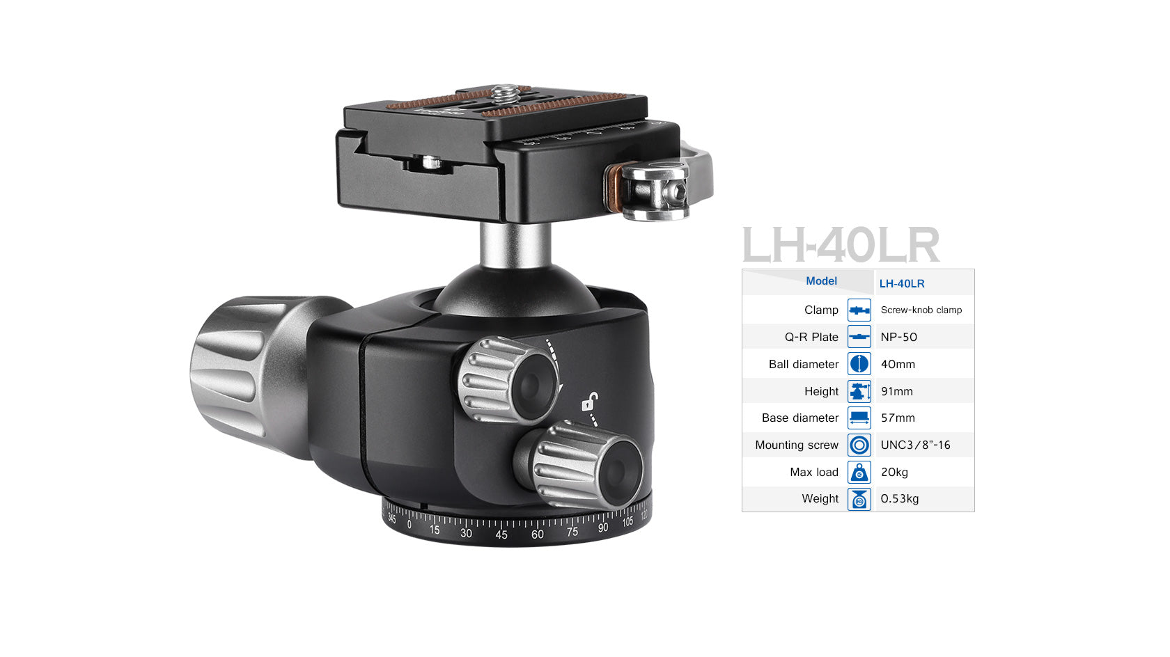 Leofoto LH-40LR Ball Head with LR-50 Lever Release Clamp | Arca Compatible