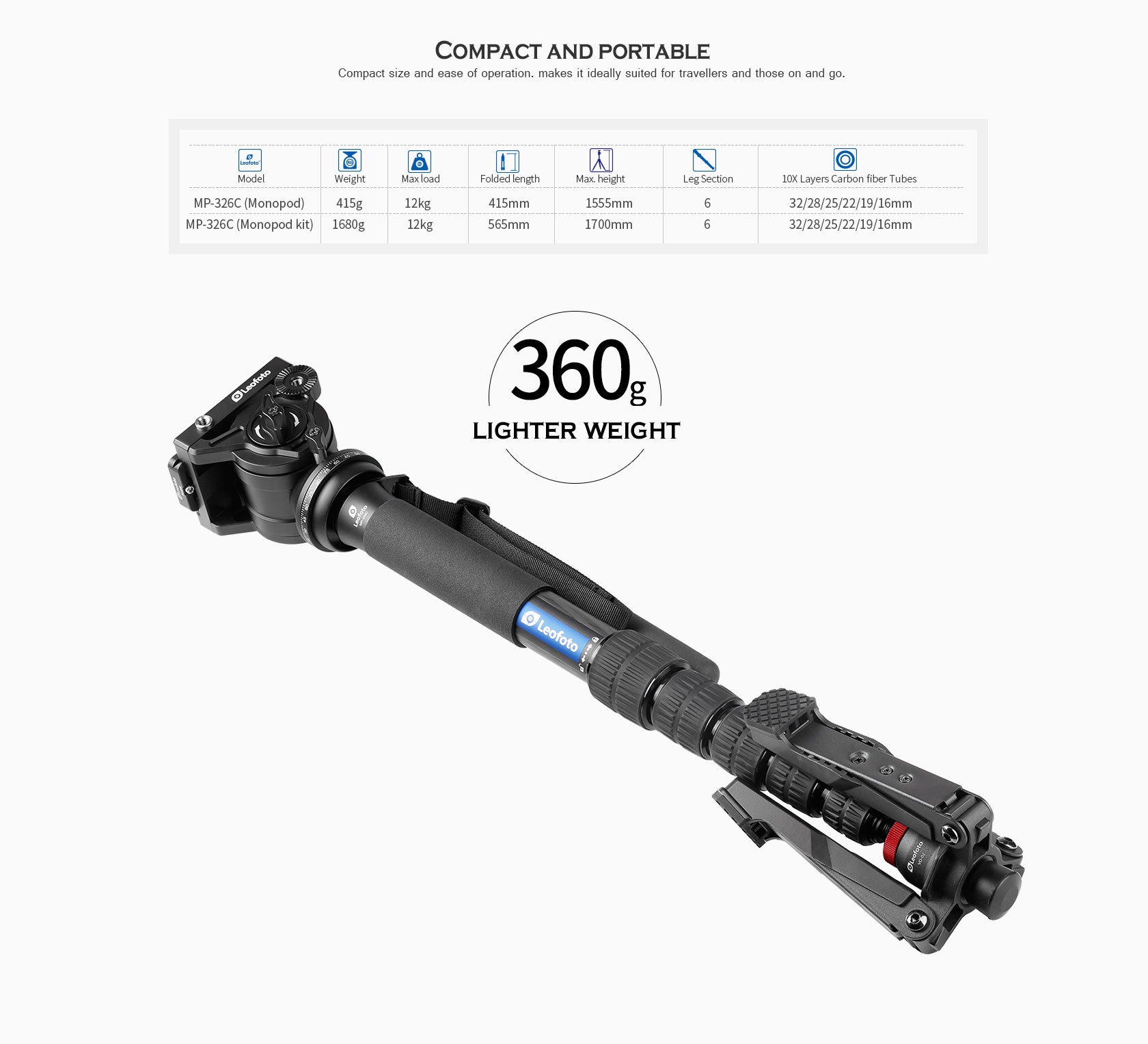 Leofoto MP-326C Monopod + BV-10 Video Head & VD-02 Monopod