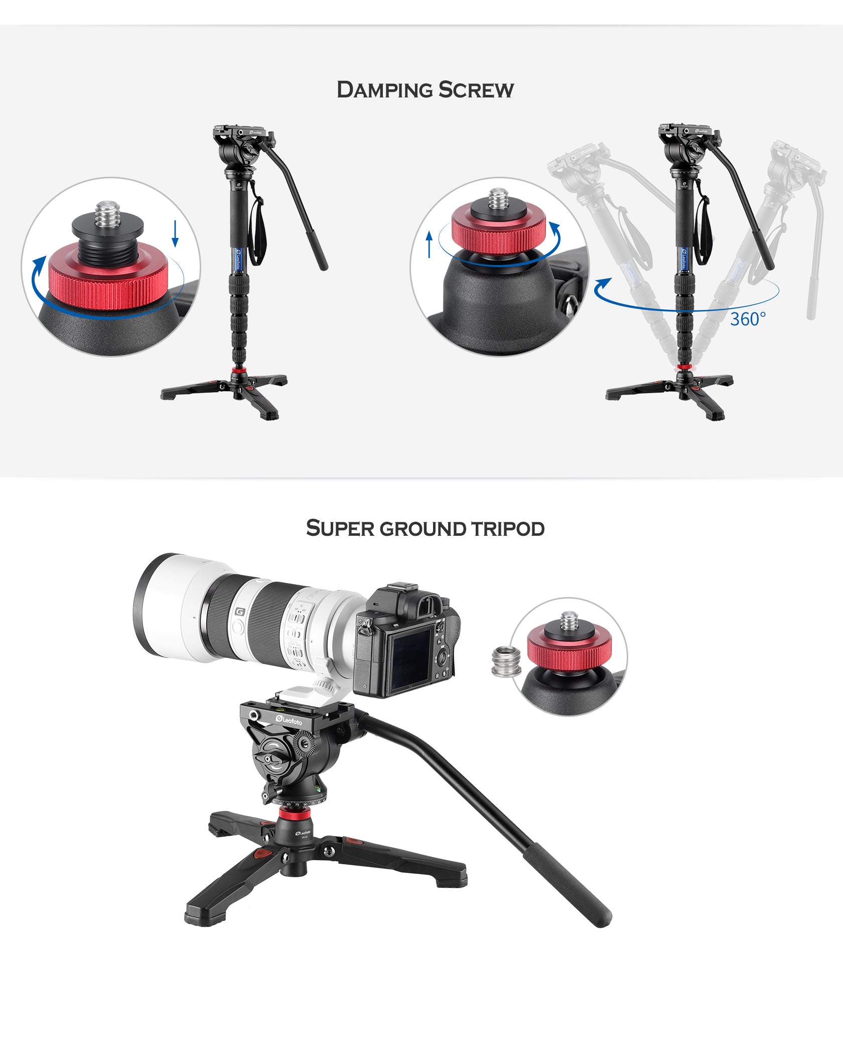 Leofoto MP-326C Monopod + BV-10 Video Head & VD-02 Monopod Base Video