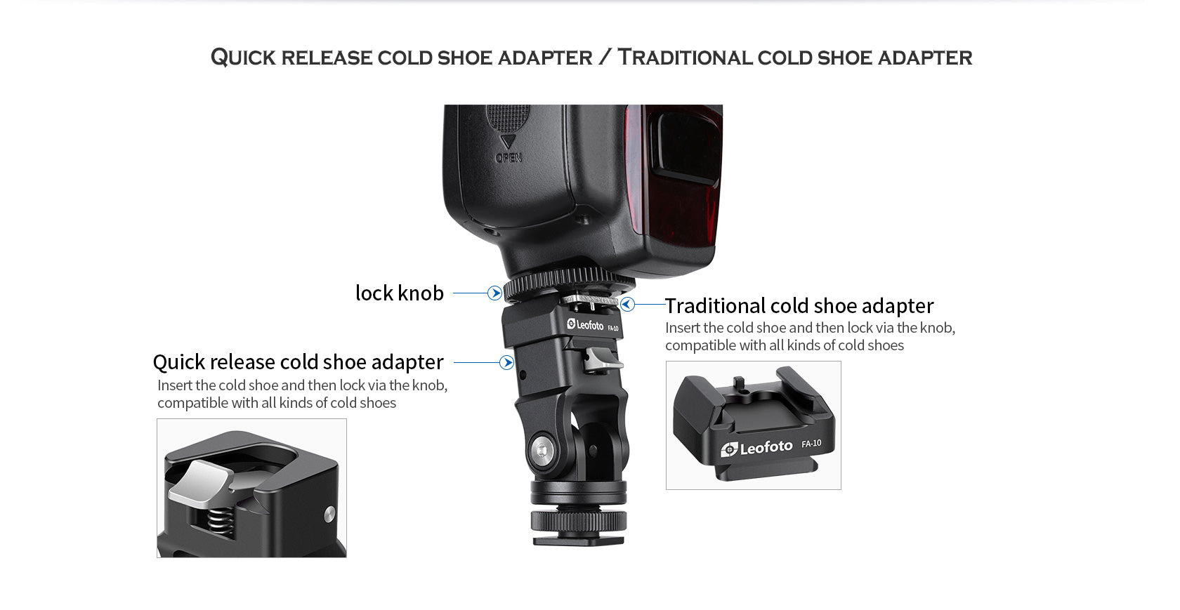 Leofoto FA-15+FA-10 Kit QR Tilting & Pivoting Cold Shoe Flash Adapter
