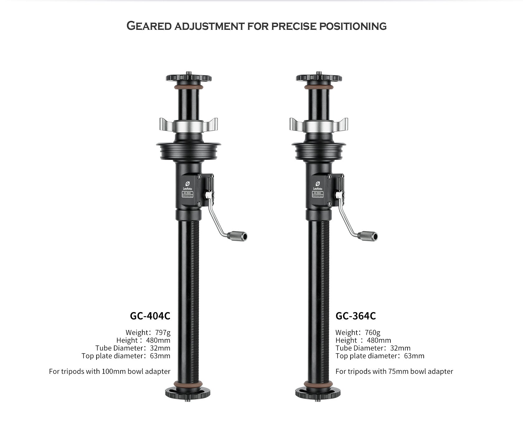 Leofoto GC-364C/ GC-404C Geared Center Column for 75mm/100mm Bowl Tripods