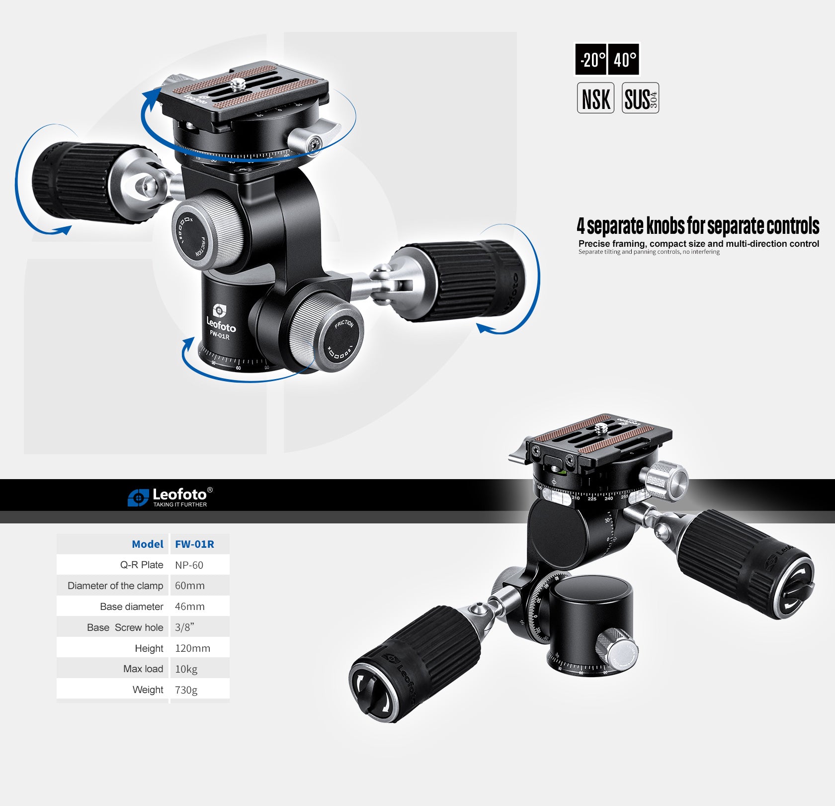 Leofoto FW-01R Professional Pan-and-Tilt 4-Way Head | Arca Compatible, Clamp Panning