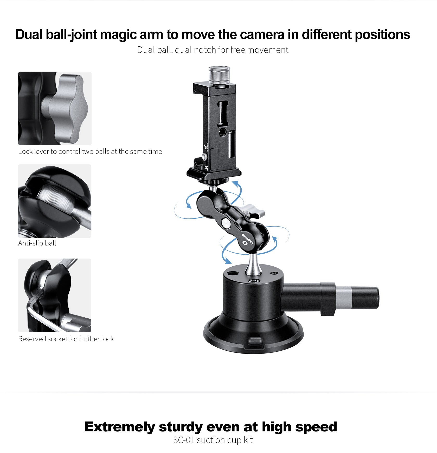 Leofoto SC-01 + PC-90II + Versa Arm Suction Mounting Kit | 1/4