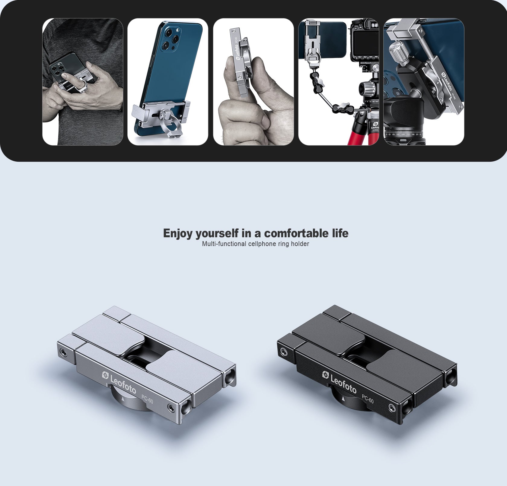 Leofoto PC-60 Mini Smartphone Clamp/Holder/Video/Selfie Stand with Arc