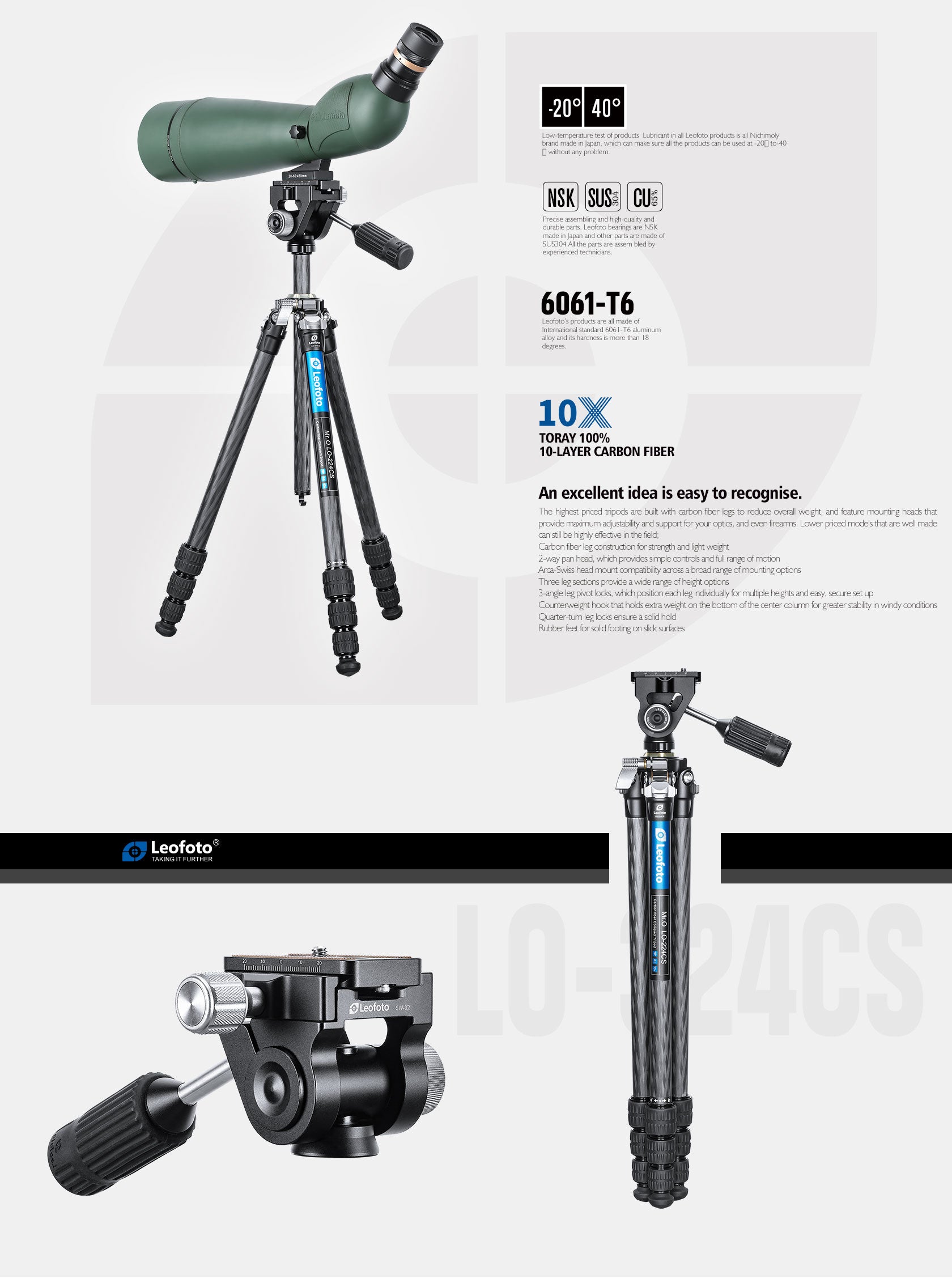 Leofoto LO-223CS/LO-224CS + SW-02 Carbon Fiber Tripod + 2-Way Pan Head Kit for Binoculars | 22 lb Max Load