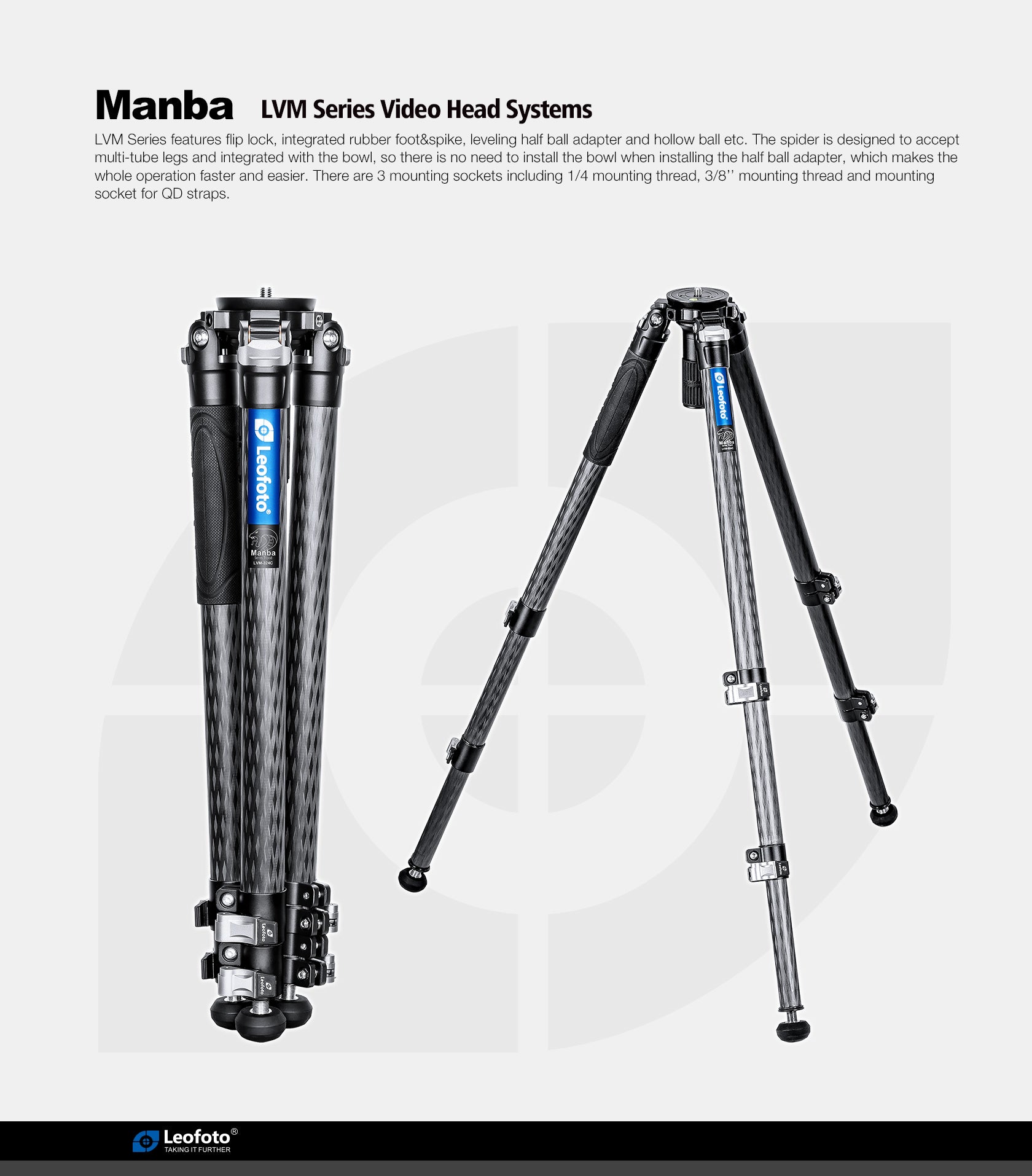 Leofoto LVM-323C+BV-15 3-Section Carbon Fiber Video Tripod with Fluid