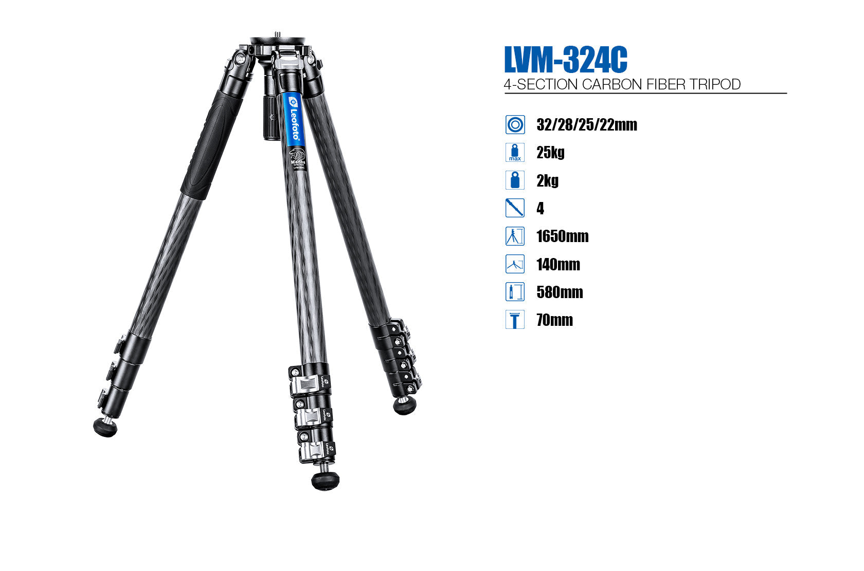 Leofoto LVM-324C 4-Section Carbon Fiber Video Tripod | 75mm Integrated Bowl with Leveling Base and Handle