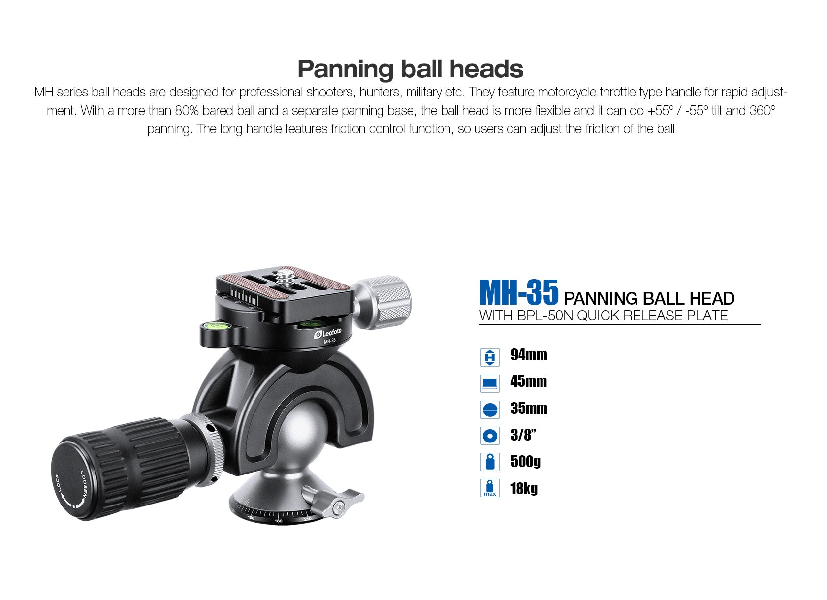 Leofoto MH-35 Full Dynamic Ball Head /w Handlebar Control | Arca Compatible | Ideal for Target Shooting