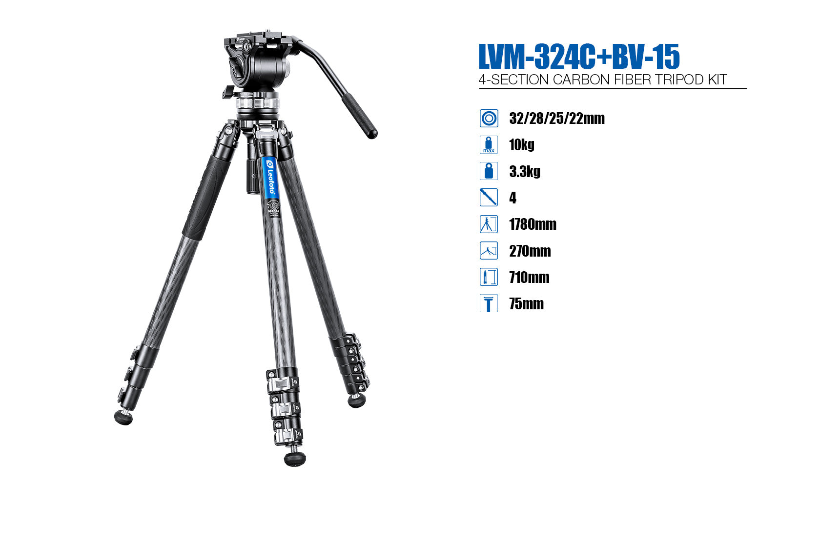 Leofoto LVM-324C+BV-15 4-Section Carbon Fiber Video Tripod with Fluid Head Set | 75mm Integrated Bowl with Leveling Base and Handle