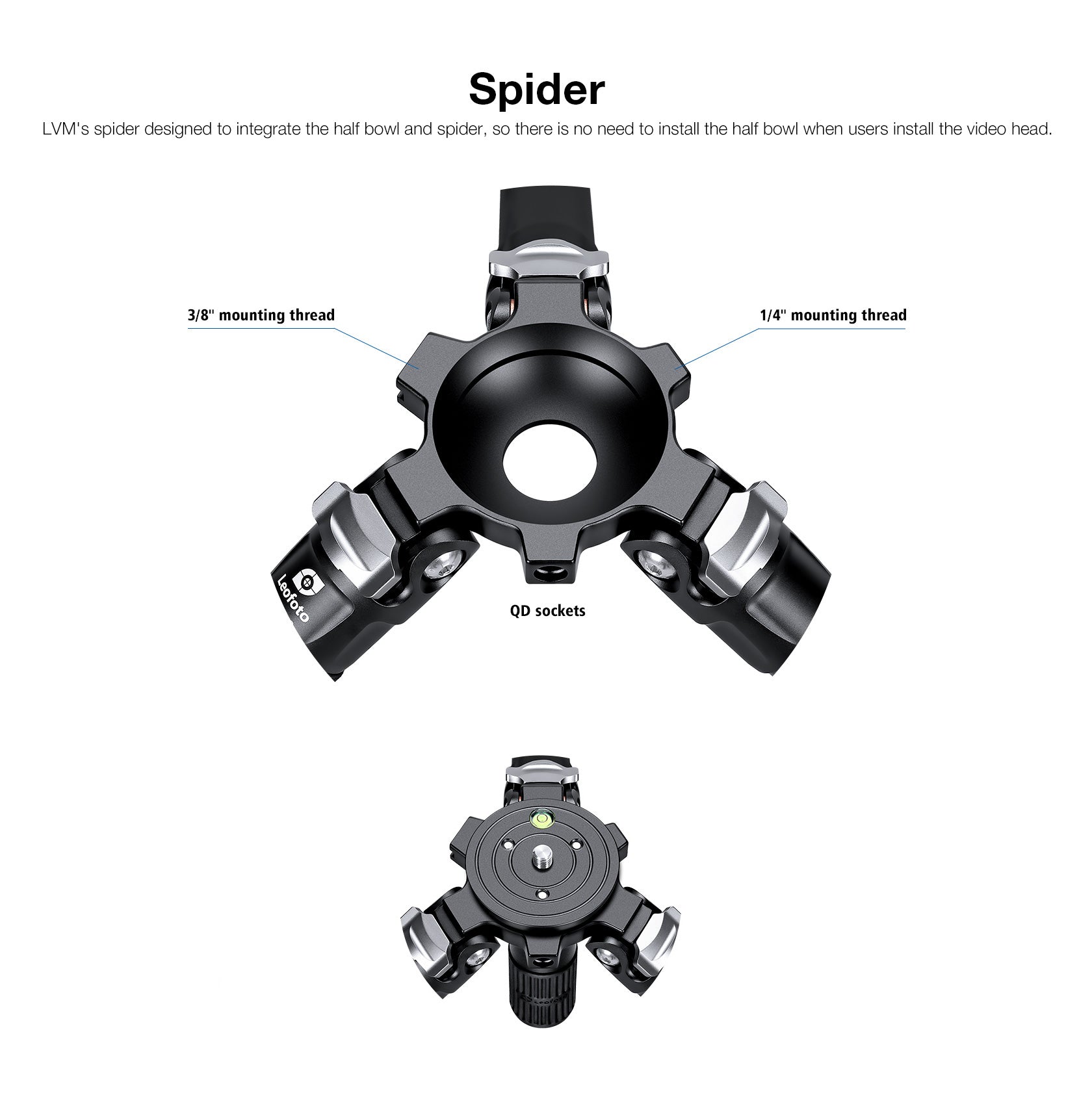 Leofoto LVM Spider with 75mm Integrated bowl, leveling base, and silicone handle for 32mm max tubes