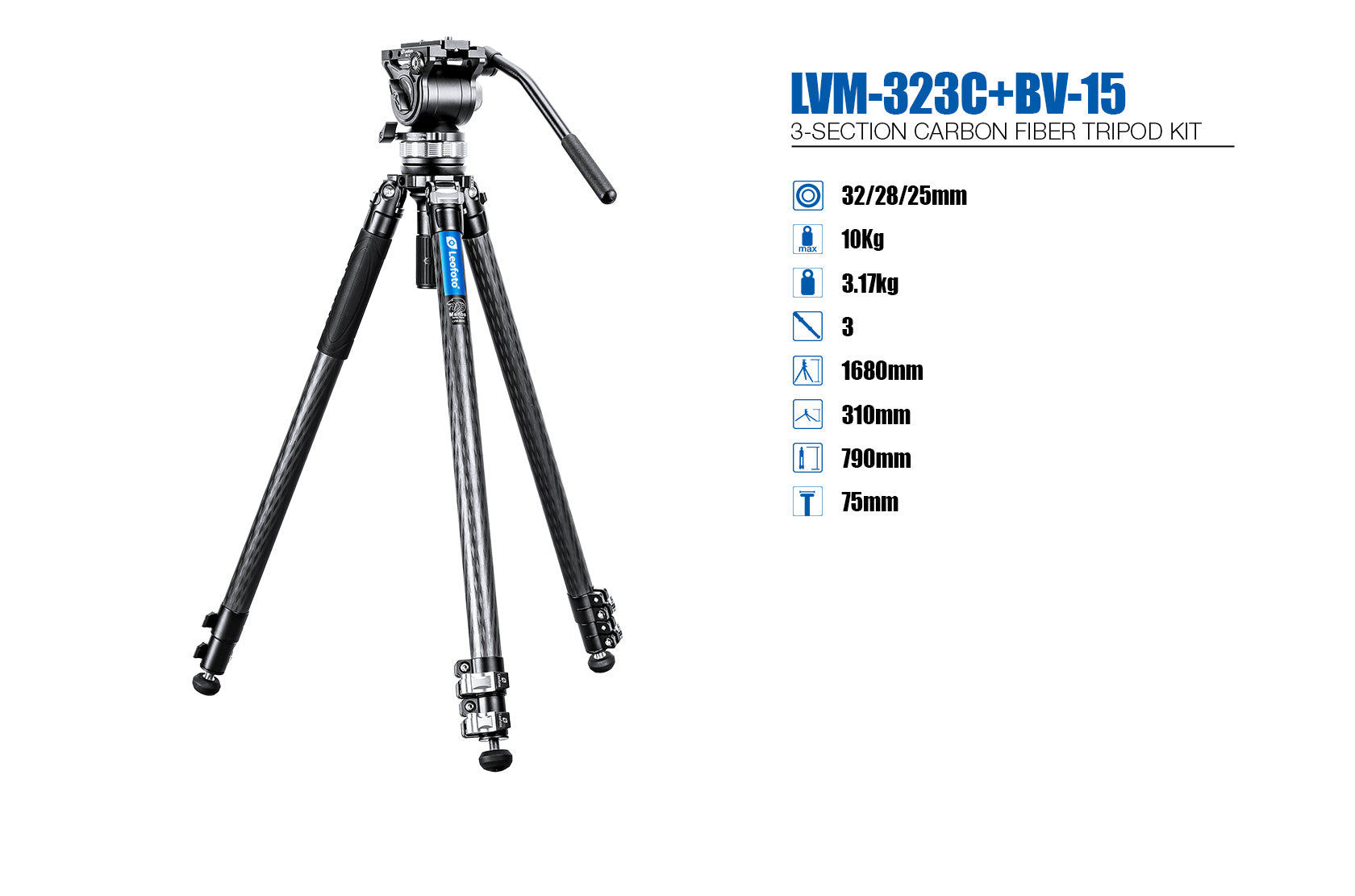 Leofoto LVM-323C+BV-15 3-Section Carbon Fiber Video Tripod with Fluid Head Set | 75mm Integrated Bowl with Leveling Base and Handle