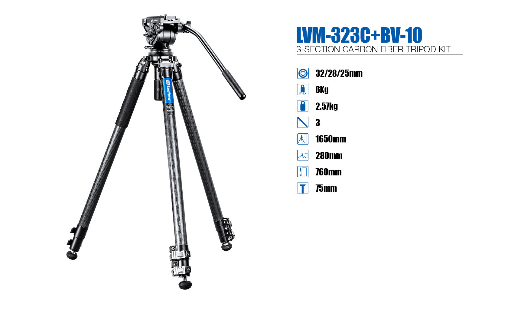 Leofoto LVM-323C+BV-10 3-Section Carbon Fiber Video Tripod with Fluid Head Set | 75mm Integrated Bowl with Leveling Base and Handle