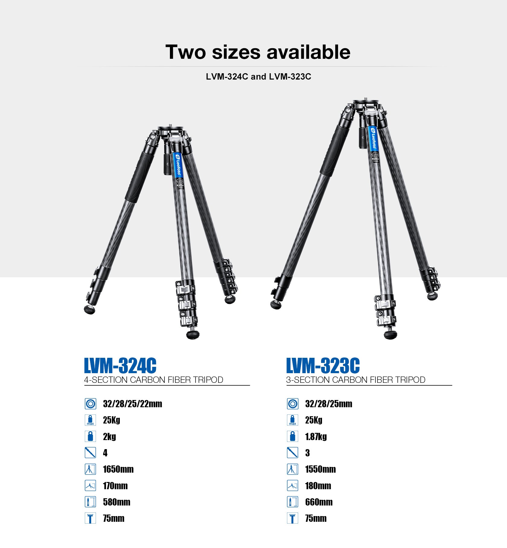 Leofoto LVM-323C 3-Section Carbon Fiber Video Tripod | 75mm Integrated Bowl with Leveling Base and Handle