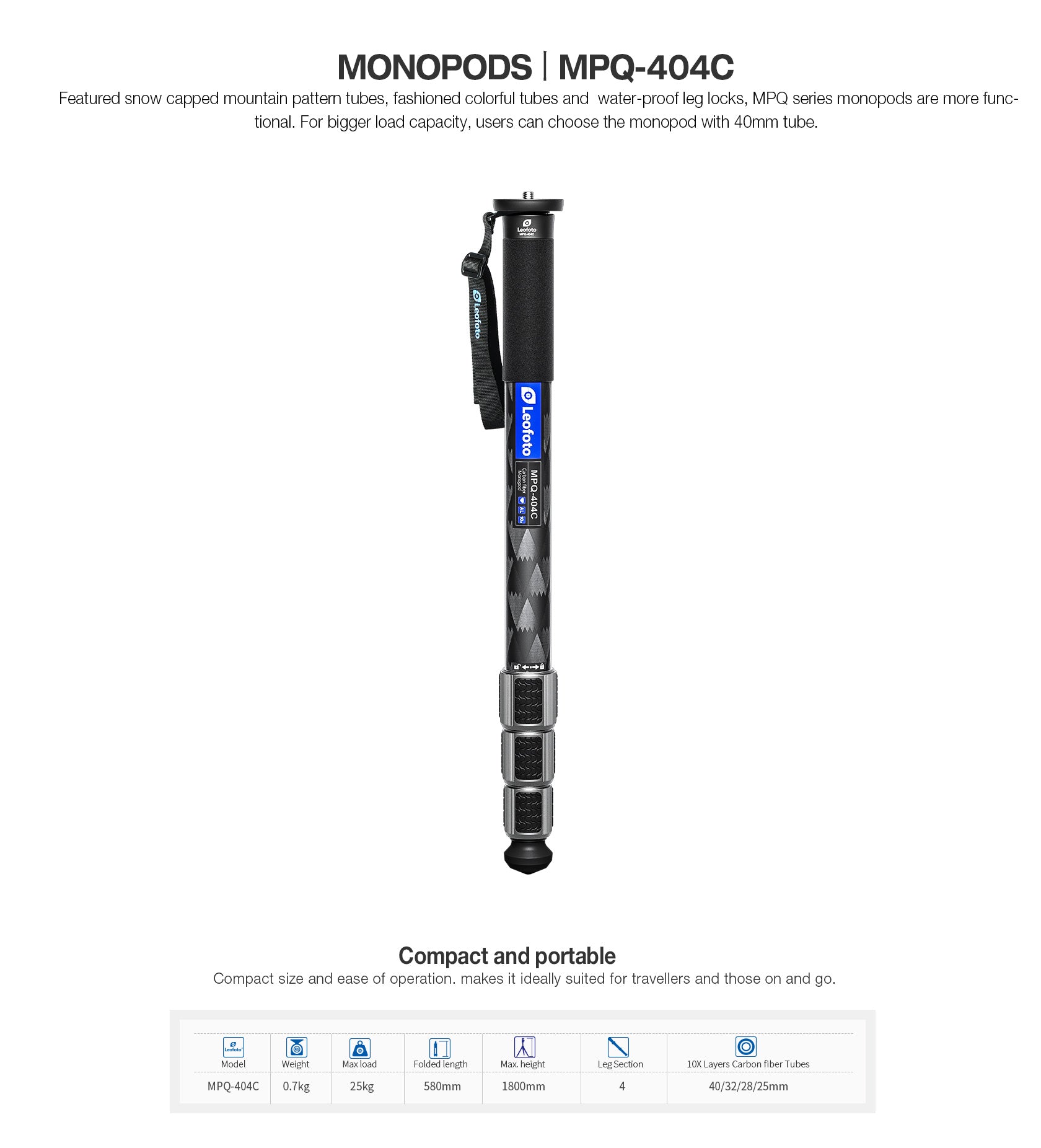 Leofoto MPQ-40 Series Premium Carbon Fiber Monopod with Case | Water-P