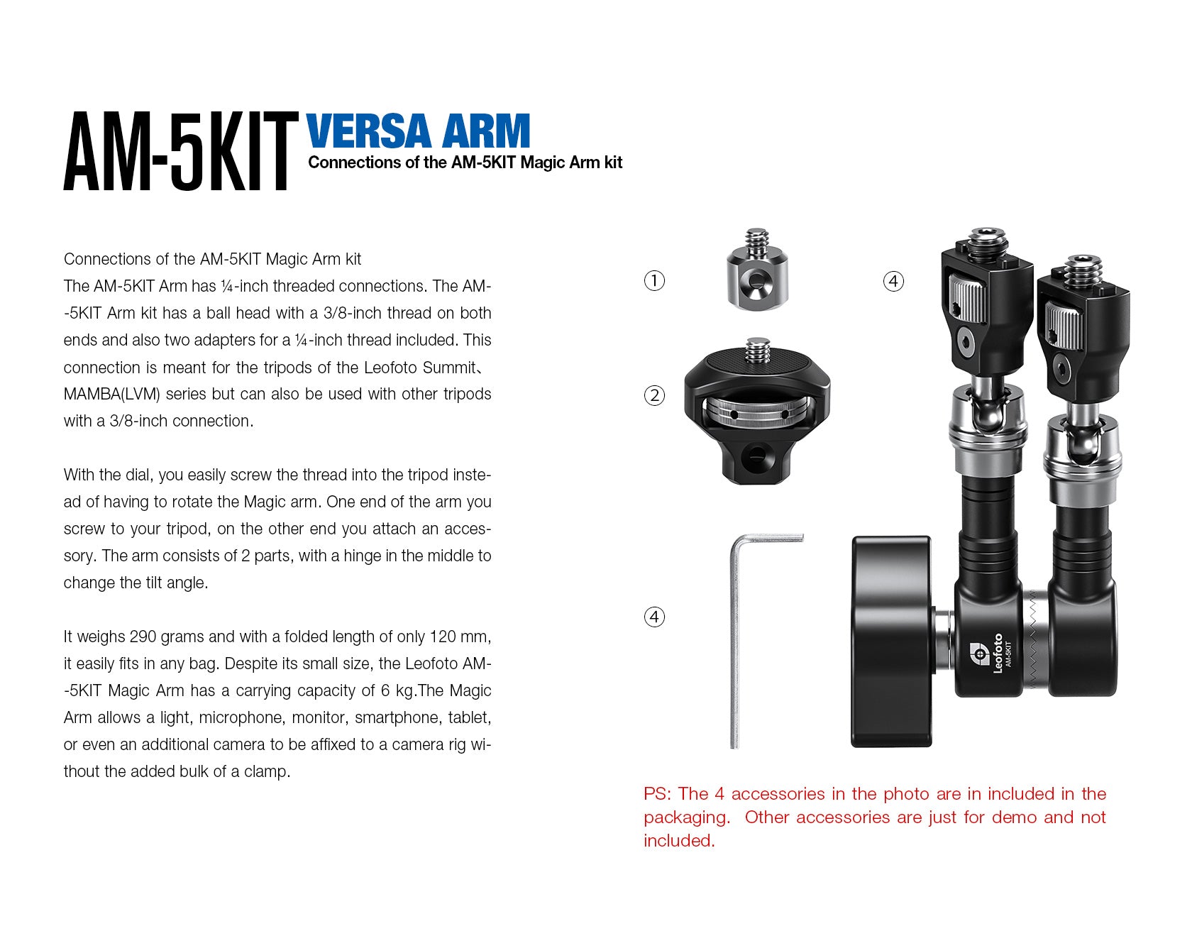 Leofoto AM-5 / AM-6 Kit Versa Magic Arm "Heavy-Duty" | Anti-Twist Adapter | 1/4th and 3/8" Mounting Screws
