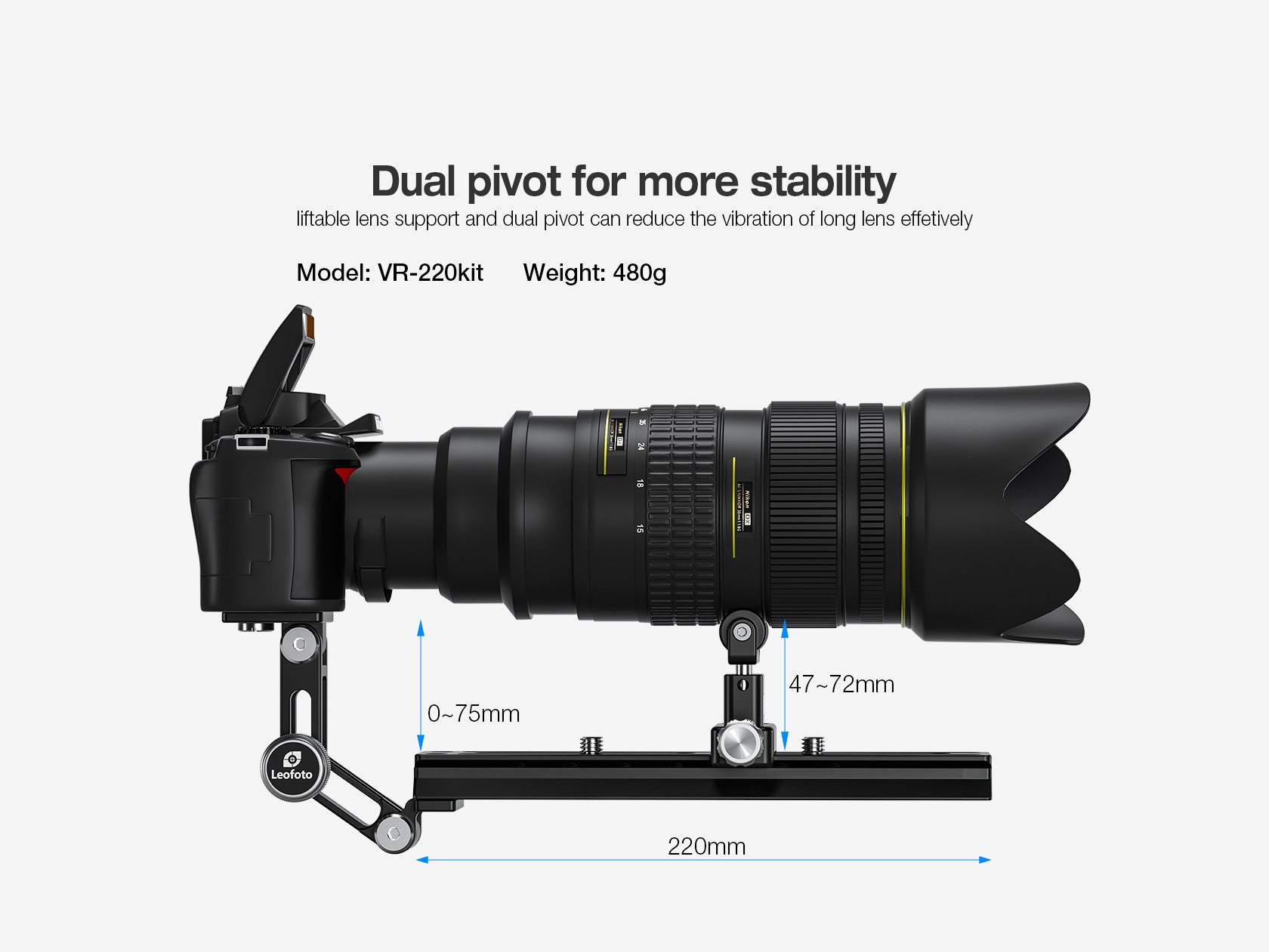 Leofoto VR-220Kit Updated 220mm Dual Pivot Long Lens Support for Manfrotto/ Sachtler Tripod Head