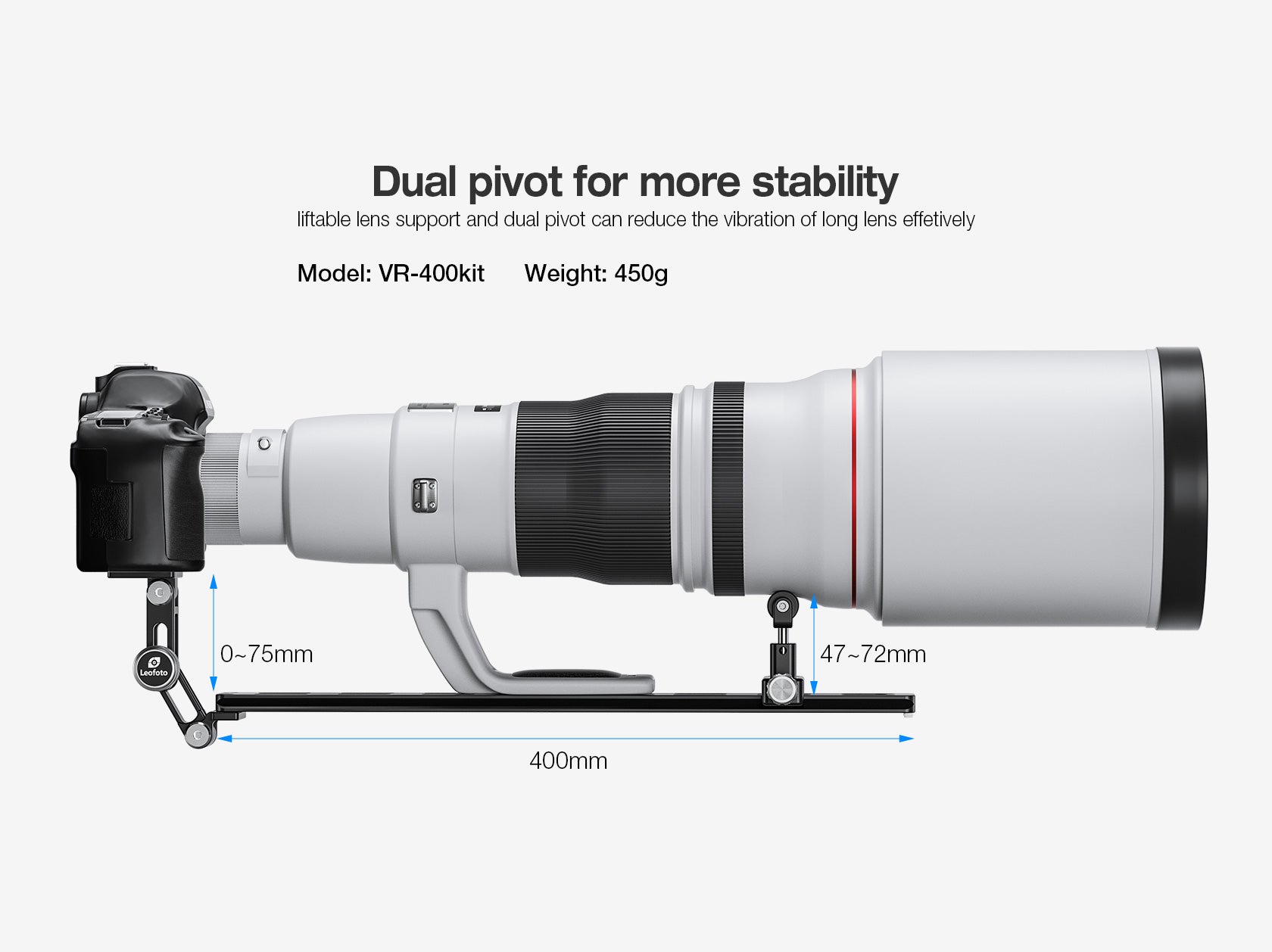 Leofoto VR-400Kit Updated 400mm Dual Pivot Long Tele Lens Support for