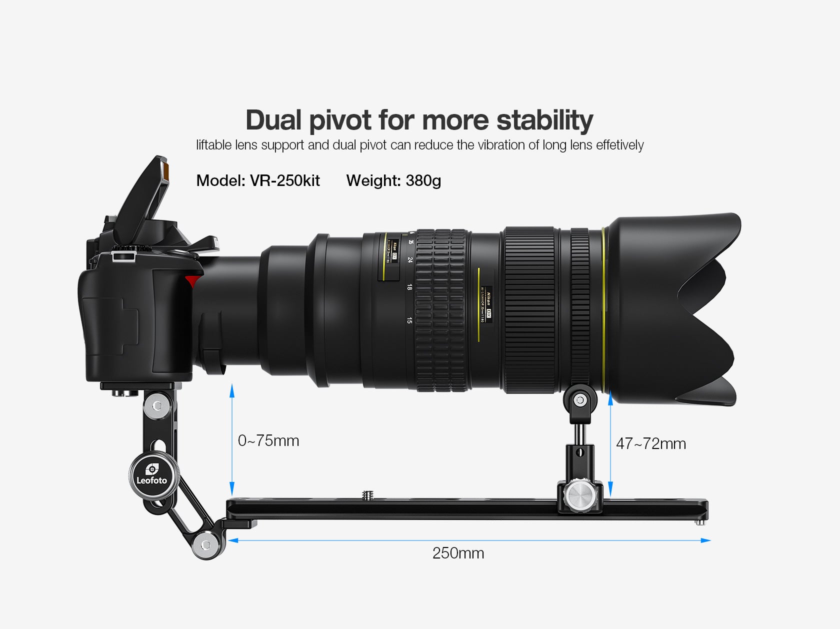 Leofoto VR-250Kit Updated 250mm Dual Pivot Long Tele Lens Support for