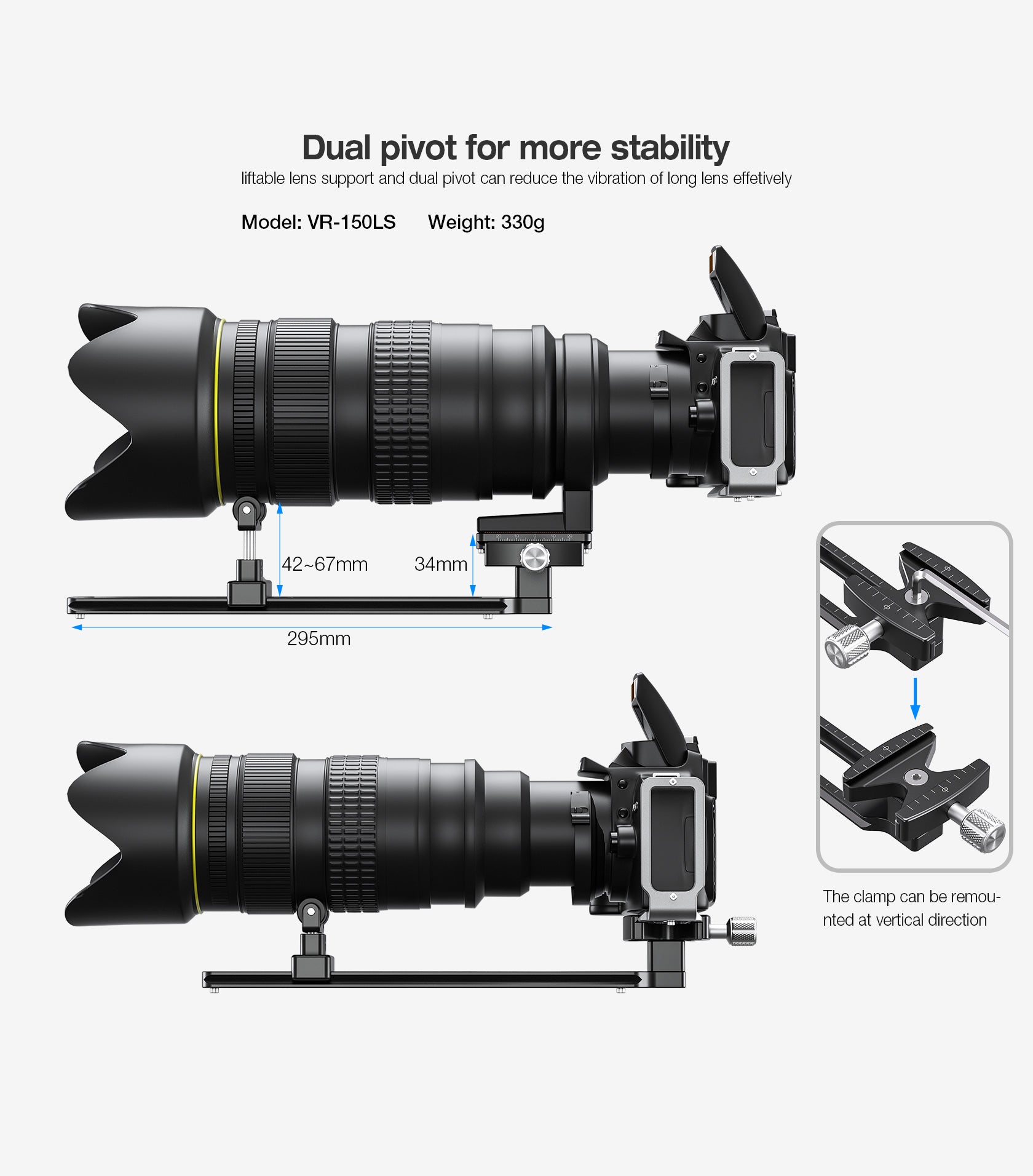 Leofoto VR-150LS Updated 295mm Dual Pivot Long Tele Lens Support for Arca