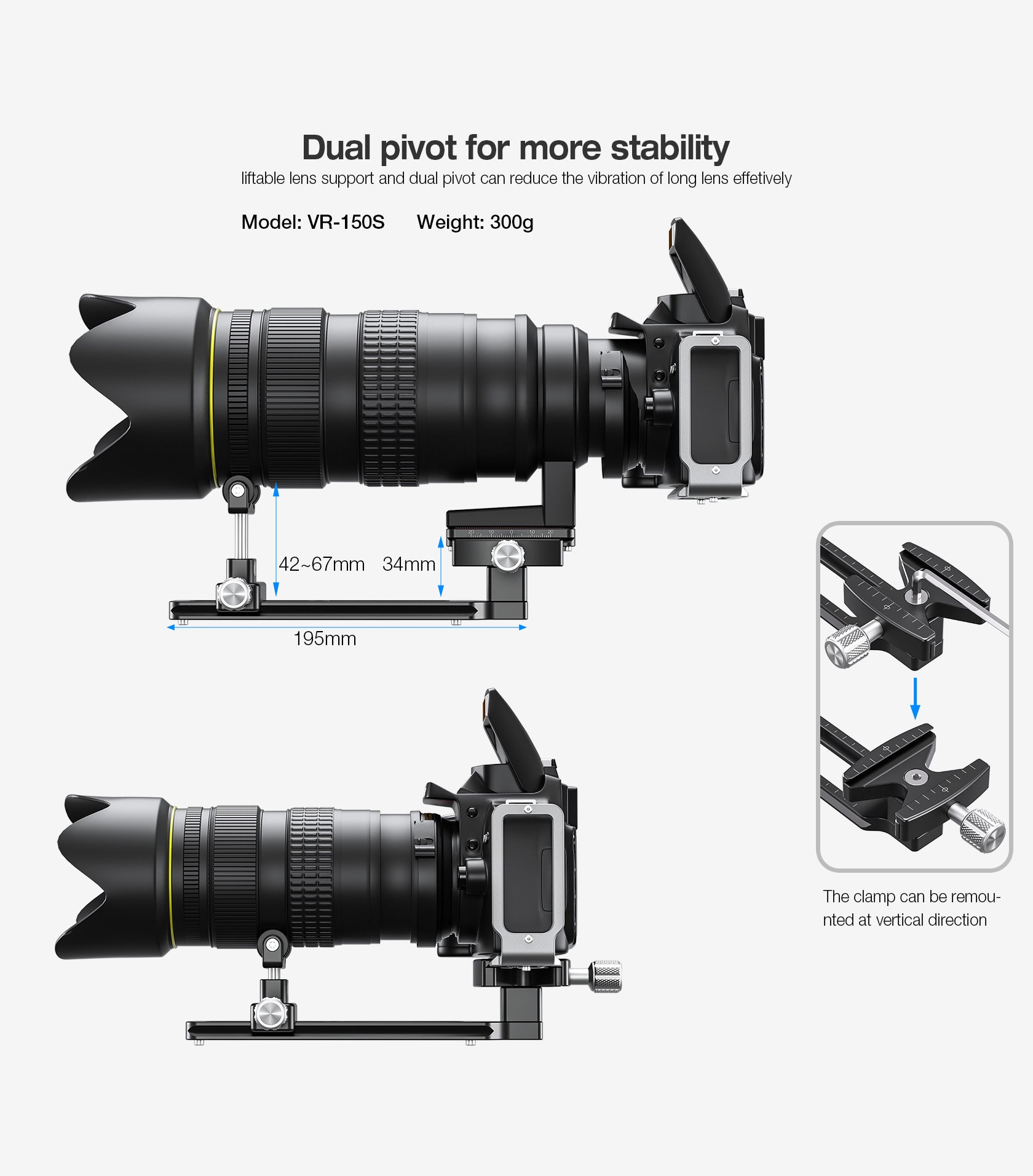 Leofoto VR-150S Updated 195mm Dual Pivot Long Tele Lens Support for Arca