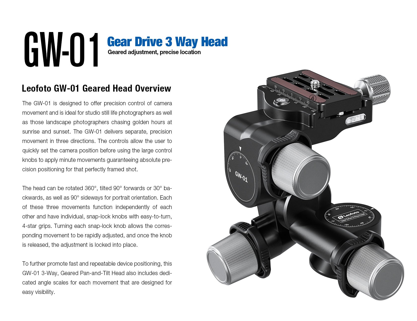Leofoto GW-01 3-Way Geared Head with QR Plate | Arca Compatible