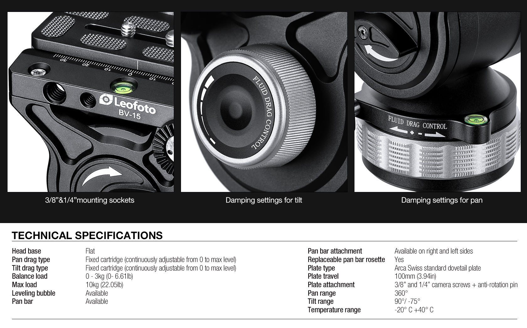 Leofoto BV-15 70mm Fluid Video Head with PU-100D 100x38mm QR Plate | A