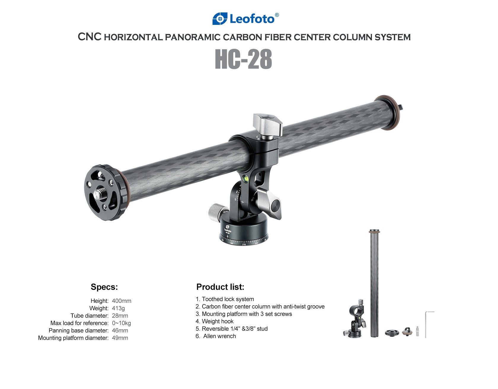 Leofoto HC-28/ HC-32/ HC-32Kit Carbon Fiber Horizontal Panoramic Tripod Center Column