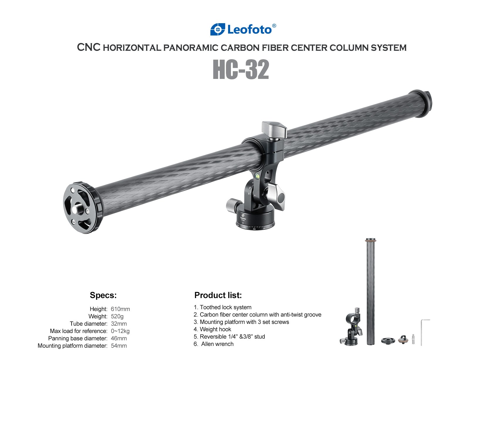 Leofoto HC-28 Colonna Centrale Flessibile In Fibra Di Carbonio – 400mm, 3/8″ E 1/4″, Con Gancio Pesi