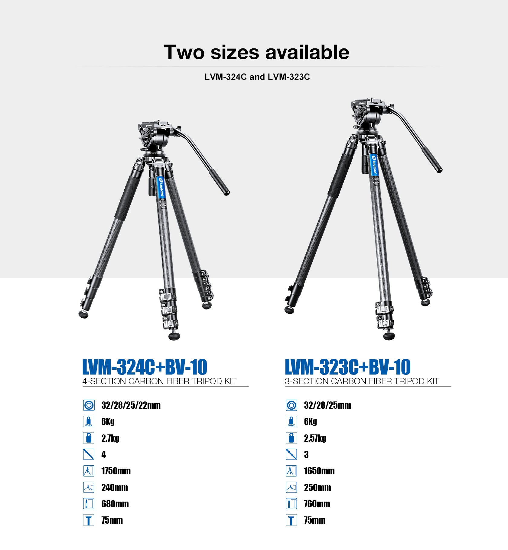 Leofoto LVM-323C+BV-10 3-Section Carbon Fiber Video Tripod with Fluid Head Set | 75mm Integrated Bowl with Leveling Base and Handle